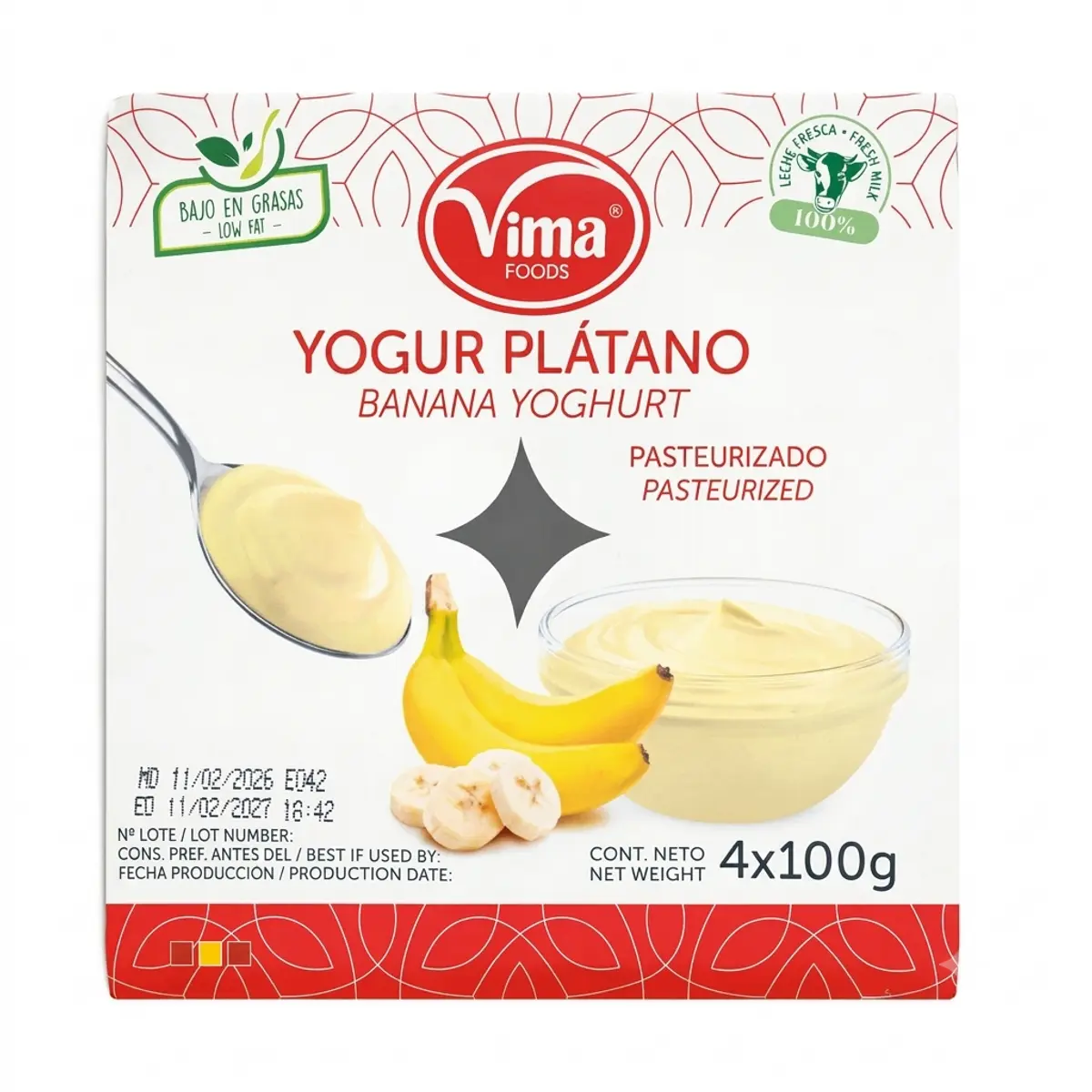 Pack de yogurt sabor plátano (4 x 100 g) Vima