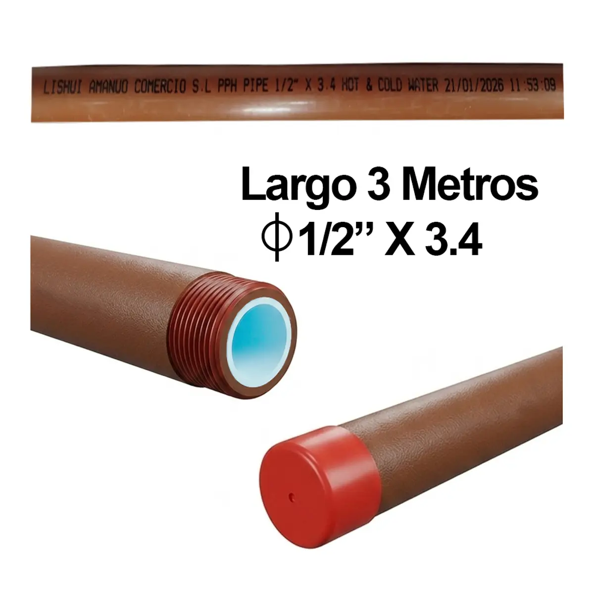 Tubo PPH de 1/2" (largo 3 m) para agua fría y caliente, Li Shui