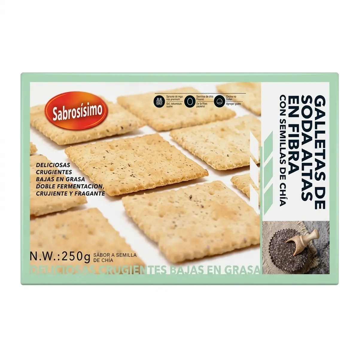 Galletas de soda con semillas de chía peinadas integrales, 250 g, Sabrosísimo