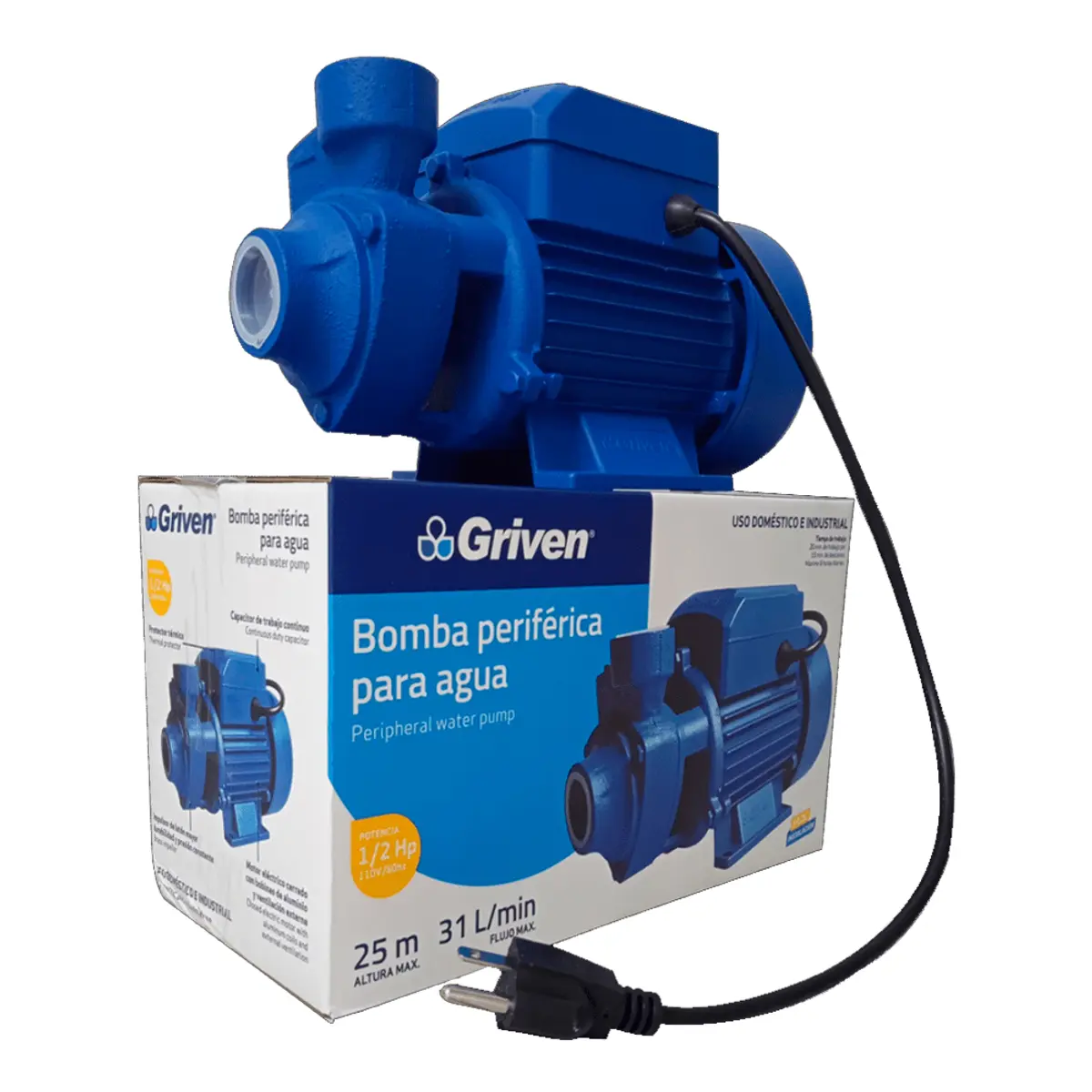 Bomba de agua periférica de 1/2HP con entrada y salida de 1", Griven