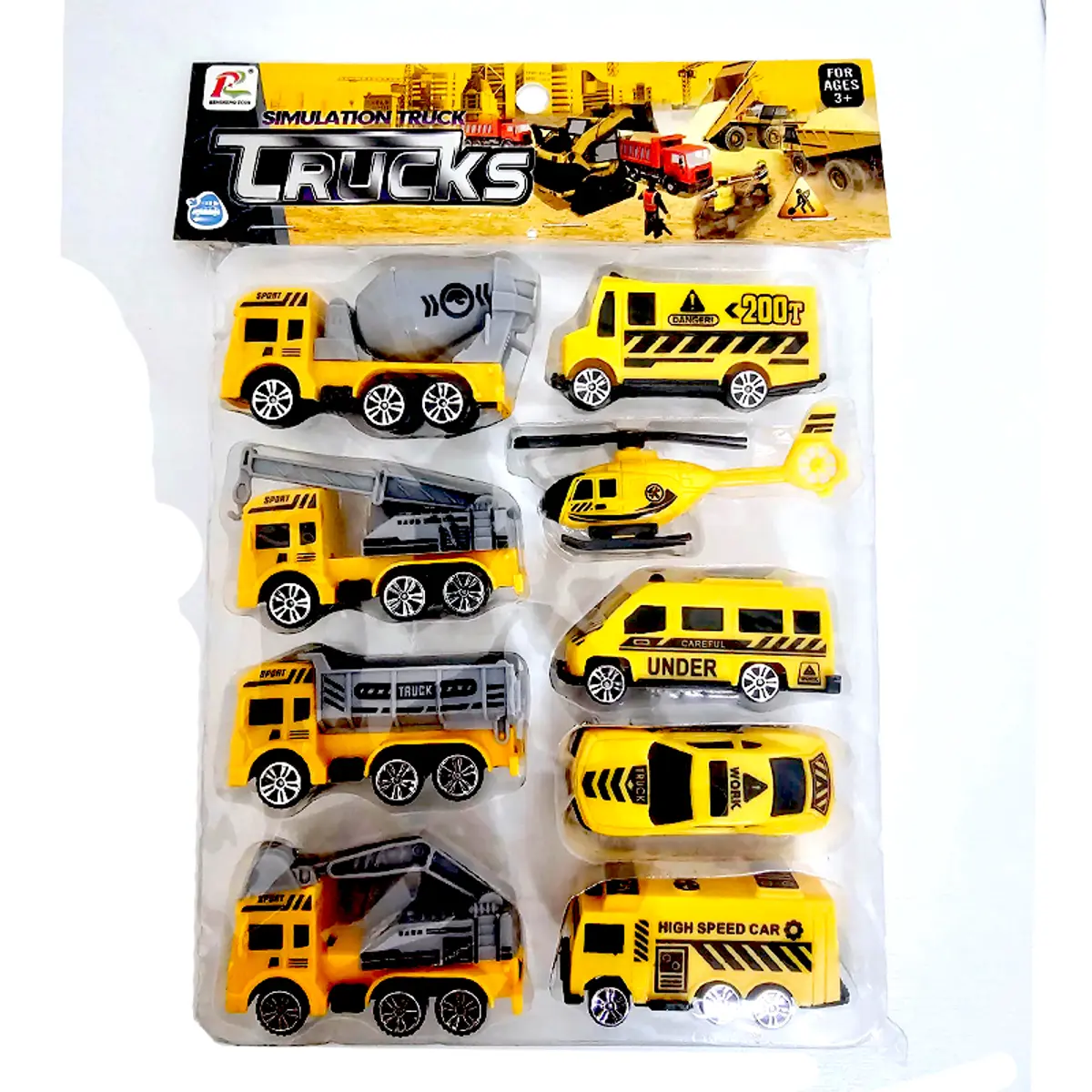 Set infantil de vehículos de construcción y helicóptero, 9 Piezas