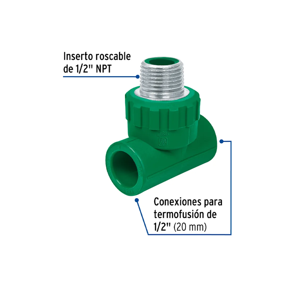 Tee macho de PPR de 1/2" con inserto metálico y termofusión, Foset