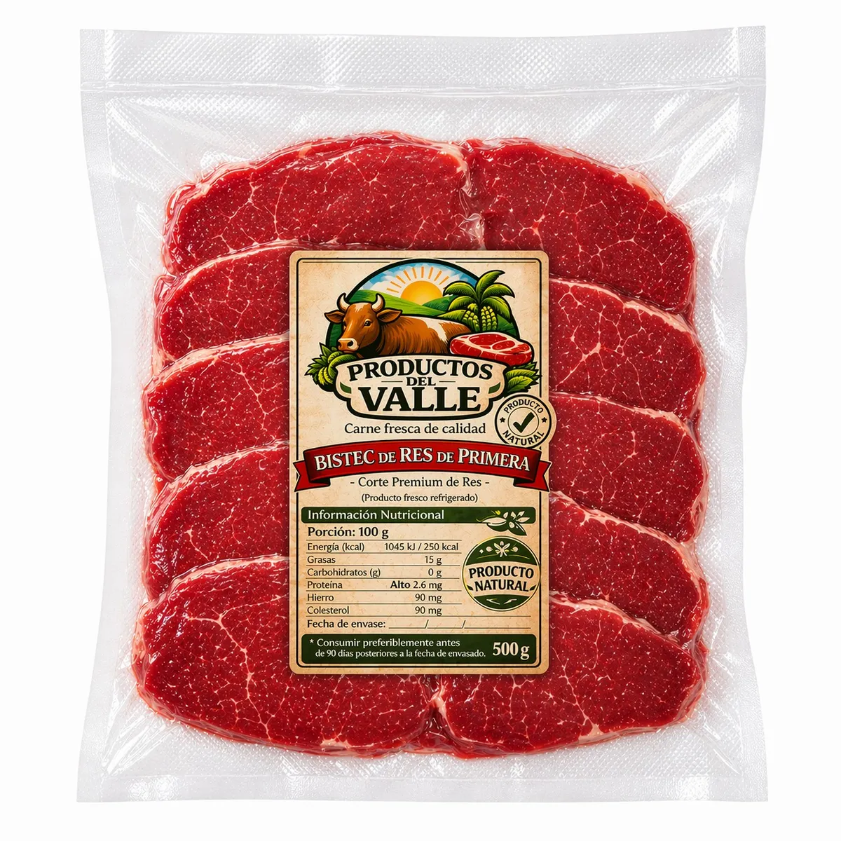 Bistec de res de primera, 500 g, Productos del Valle