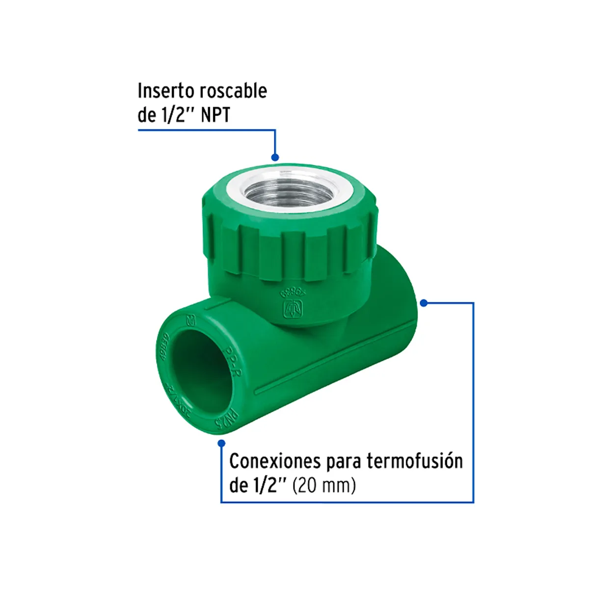 Tee hembra de PPR de 1/2" con inserto metálico y termofusión, Foset