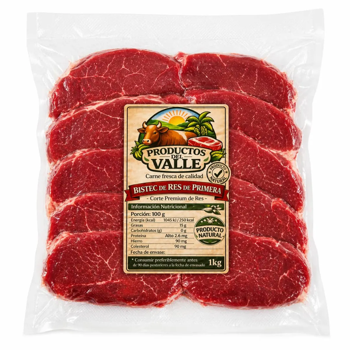 Bistec de res de primera, 1 kg, Productos del Valle