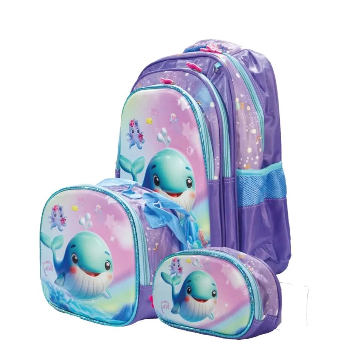 Mochila de tres piezas para niñas con diseño 3D (42 cm x 33 cm) Diseño 2 Ballena