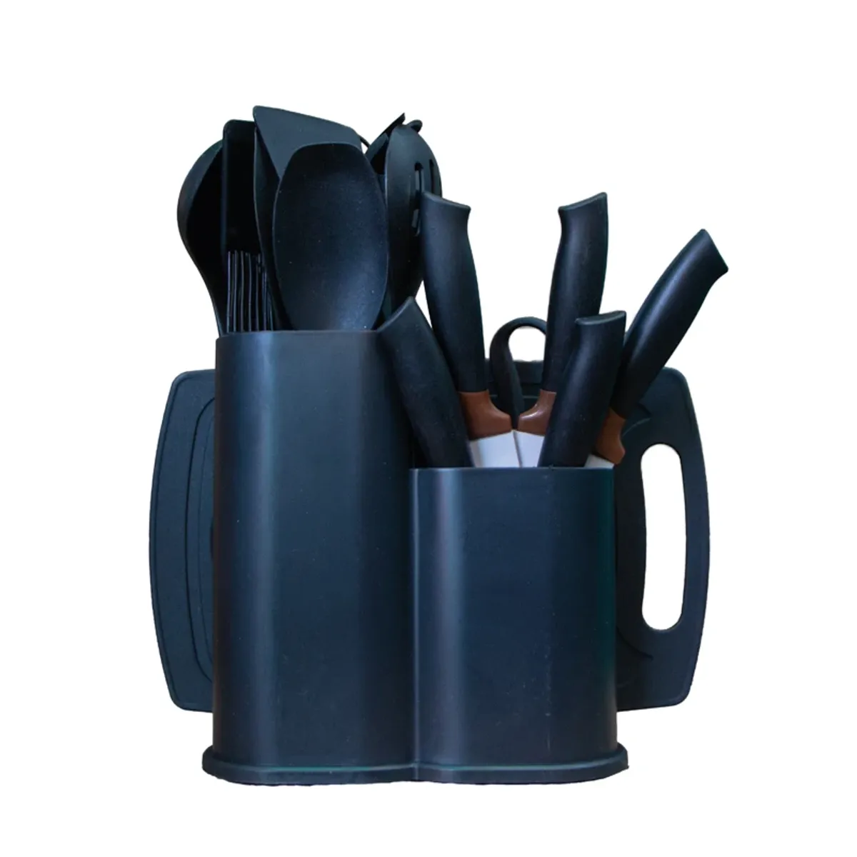 Set de utensilios de cocina de silicona y madera, color negro, 19 u