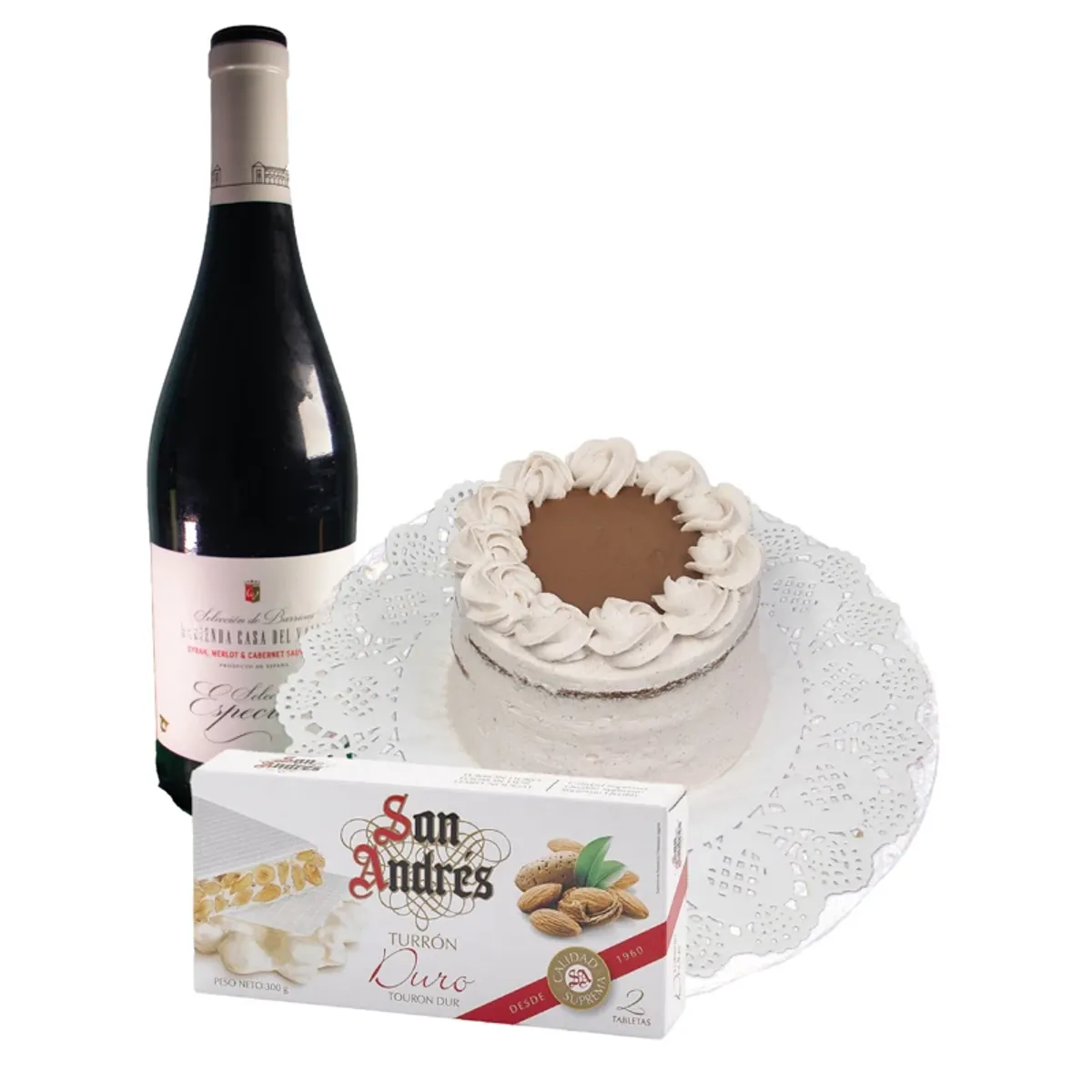 Mini tarta + turrón + botella vino